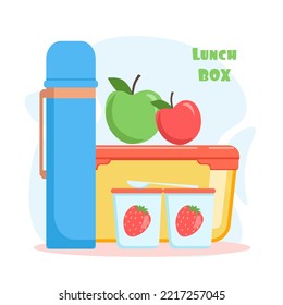 Lunch box with school meal with plastic container, apples, yogurt and thermos. Flat vector illustration isolated on white. Colorful appetizing snack food in kids lunch box. Healthy meals storage.