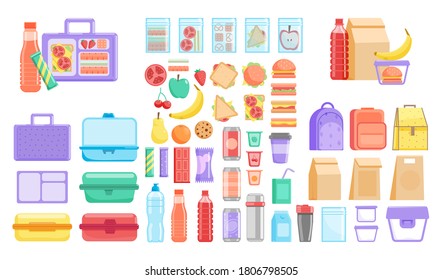 Lunch box. School or office lunch box and fruit, vegetable, hamburger fast food packed meal and bottled drink product item set. Vector plastic container, textile and disposable paper bag illustration