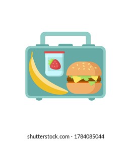 Lunch Box with school snack food banana, tasty sandwich and yogurt with strawberry isolated on white background. Colored healthy meals storage. Vector flat illustration