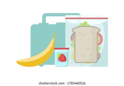 Lunch box and school snack food banana, tasty sandwich, yogurt with strawberry isolated on white background. Colored healthy meals storege. Vector flat illustration