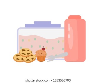 Caja de almuerzo, dulces y una botella de agua, una gráfica vectorial