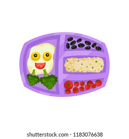 Lunch box with tasty meal. Fried eggs with funny face, broccoli, olives, rice and tomatoes. Plastic tray with food. Flat vector icon