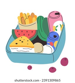 Lunch box with various and balanced food for healthy diet. Isolated meal container with fruit drinks and cucumber, eggs and onigiri, potatoes and watermelon. Nourishment for kids. Vector in flat style