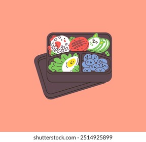 Lunch box. Vector illustration of an open lunch box with a deco bento and a plastic lid. Contains vegetables, eggs and berries on a pink background.