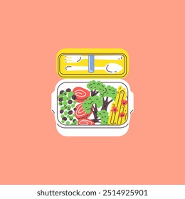Lunch box. Vector illustration of an open bento set with a plastic lid, spoon and fork. Contains broccoli, French fries, meat, fish, peas on a pink background.