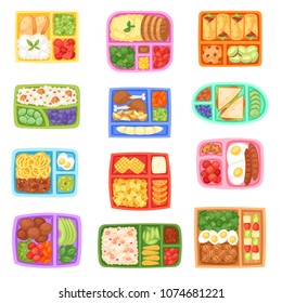 Lunch Box Vector School Lunchbox With Healthy Food Vegetables Or Fruits Boxed In Kids Container Illustration Set Of Packed Meal Sausages Or Bread Isolated On White Background