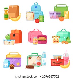 Lunch Box Vector School Lunchbox With Healthy Food Fruits Or Vegetables Boxed In Kids Container In Bag Illustration Set Of Packed Meal In Bagpack Isolated On White Background