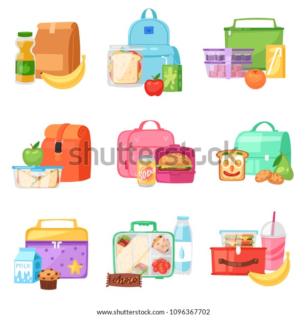 白い背景にバグパックに詰め物を入れたバッグイラストに 子ども用の容器に健康的な食べ物の果物や野菜を入れた弁当箱のベクター画像学校の弁当箱 のベクター画像素材 ロイヤリティフリー