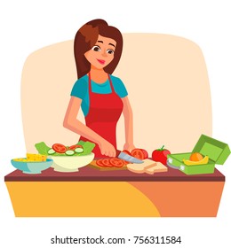Lunch Box Vector. Young Woman Making Lunch In The Morning. Mother Making Breakfast For Children. Healthy Food.  Isolated Flat Cartoon Character Illustration
