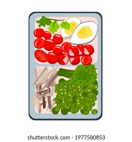 Lunch box with vegetables and scrambled eggs. Isolated element on a white background.