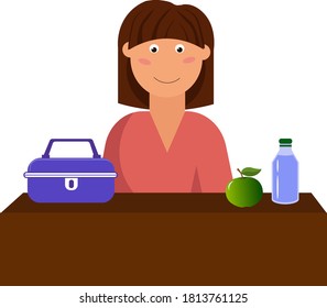 Lunch box lunch, water and apple. The girl is having lunch during her break. Vector illustration isolated on white background.