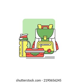 Caja de almuerzo y agua, mochila escolar.
Volver a los iconos de la colección escolar. Ilustración de color del vector.