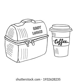Lunch box with zipper and a cup of coffee hand drawn sketch. Vector black and white lunch bag illustration icon with strokes