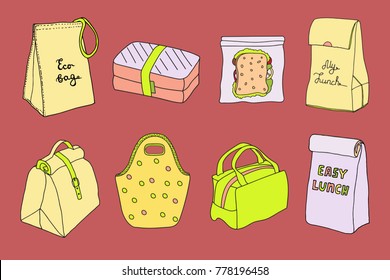 Lunch Boxes And Lunch Bags Set. Eco Bag, Sandwich Box, Easy Lunch. Hand Drawn Artistic Sketch Illustration.