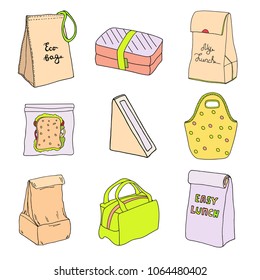 Lunch Boxes And Lunch Bags Set. Sandwich Triangle Cardboard Box With Window, Eco Bag, Sandwich Box, Easy Lunch. Vector Hand Drawn Sketch Illustration