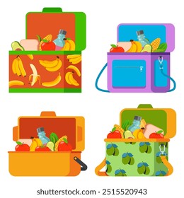 Almoços caixas e sacos de desenhos animados vetoriais conjunto isolado em um fundo branco.