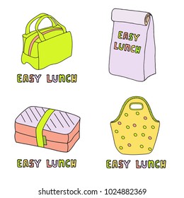 Lunch boxes, lunch bags vector skech. Cute cartoon hand drawn take away pack illustration.