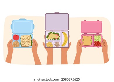 Lunch boxes with breakfast in hands of people eating sandwiches and fruits or vegetable salads. Lunch boxes for meals at work, to avoid fast food consumption that negatively affects health