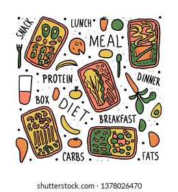 Lunch boxes and food banner template. Healthy homemade meals in doodle style isolated on white background. Vector diet conceptual illustration.
