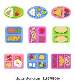 Lunch boxes. Food containers with fish, meal eggs sliced fresh fruits vegetables sandwich for kids breakfast. Vector flat illustrations. Container food for sandwich and snack