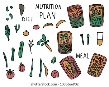 Lunch boxes and food. Healthy homemade meals in doodle style isolated on white background. Nutrition plan elements. Vector diet illustration.