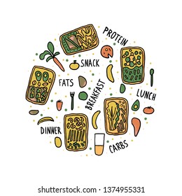 Lunch boxes and food round badge. Healthy homemade meals concept. Lunchbox set. Vector diet color illustration.