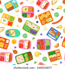 Lunch boxes with food seamless pattern vector illustration. Plastic containers with meal for school, work, university. Eggs with sausages, cherry tomatoes, cookies, boiled potato, noodles.