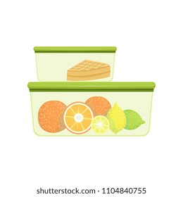 Lunch boxes with oranges, lemons and pie, healthy food for kids and students vector Illustration on a white background