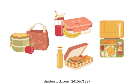 Lunch boxes, packs, bags with food for snack, packed meal portions and drinks isolated set