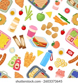 Lunch boxes seamless pattern. Kids school food, plastic containers, sandwiches, vegetables and fruits, children snack. Textile, wrapping, wallpaper. Print for fabric recent vector background