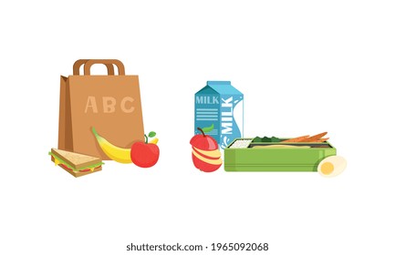 Lunch Boxes Set, Healthy Food Packages Vector Illustration on White Background