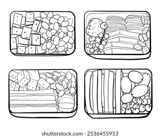 Ilustração do vetor da linha da vista superior das caixas de almoço. Ilustração de comida de doodle preto. Linhagem isolada no fundo branco.