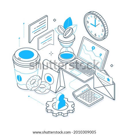 Lunch break - black and blue isometric line illustration. Quick and enjoyable meals at the workplace idea. Laptop, coffee, donuts, takeaway, hourglass, clock, communication, work chat