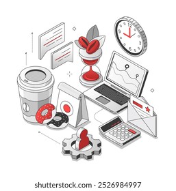 Lunch break - black and red isometric line illustration. Quick and enjoyable meals at the workplace idea. Laptop, coffee, donuts, takeaway, hourglass, clock, communication, work chat