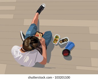 Lunch break - Boy's eating take away food