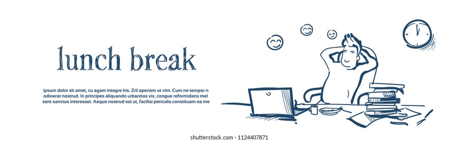 lunch break businessman hands behind head relaxing sitting office desk hands head on white background sketch doodle banner vector illustration