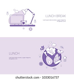 Lunch Break Concept Template Set Web Banner With Copy Space Vector Illustration