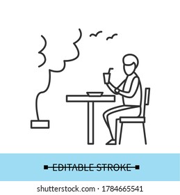 Lunch break icon. Office man dinning at summer terrace linear pictogram. Concept of workplace social distancing and employee health safety after covid quarantine. Editable stroke vector illustration