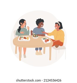 Lunch break isolated cartoon vector illustration Students sit with trays in canteen, having healthy lunch, school break, children talking and laughing, socialization time vector cartoon.