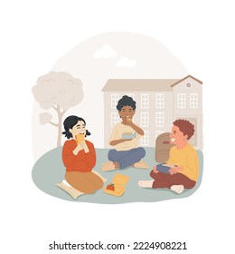 Lunch break isolated cartoon vector illustration. Group of children eating in the yard, lunch box from home, students sitting together outdoors, having snacks, school life vector cartoon.