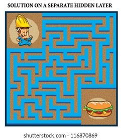 Lunch Break Maze Game - help construction worker find his sandwich: Maze puzzle with solution