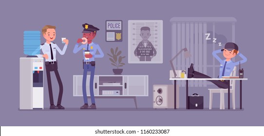 Lunch break in police station. Policemen having chat and meal, eating in office, relax after work, sleep and recover strength before job duty. Public, private city safety concept. Vector illustration