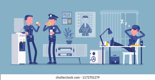 Lunch break in police station. Policemen at chat, meal, eating in office, relax after work, sleep, recover before duty. Public, private city safety concept. Vector illustration, faceless characters