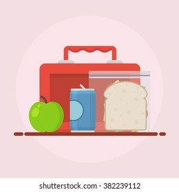  Lunch Break Or Lunch Time Vector Illustration. Lunch Box, Sandwich, Soda And An Apple In Flat Style. Kids Lunch School. 