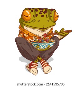 A lunch break, vector illustration. Calm hipster frog sitting with his legs crossed and eating multicolor dumplings with chopsticks from the patterned bowl. An animal character with a human body