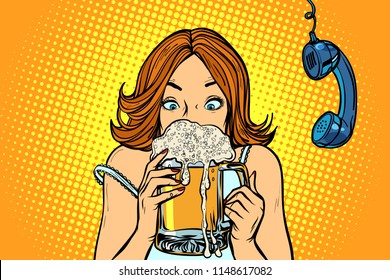 Lunch break. Woman drinking beer. Comic cartoon pop art retro vector illustration drawing