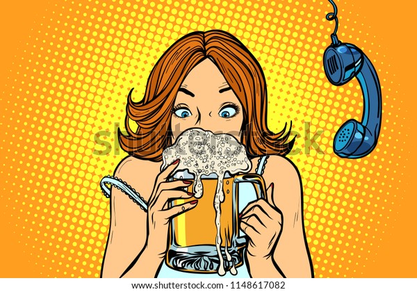 昼休み ビールを飲む女性 レトロなベクターイラストを描いた漫画のポップアート のベクター画像素材 ロイヤリティフリー