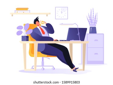 Lunch break at work. Male character in flat cartoon style resting in the office. Coffee break. Businessman sitting in a chair, his legs outstretched. Table with laptop in modern office interior.
