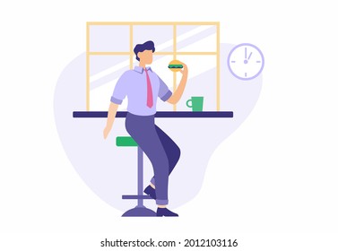 Descanso de almuerzo en el trabajo. Carácter masculino en traje de negocios comiendo hamburguesa en el comedor. Relájese durante un día productivo. Apetitoso tentempié para rejuvenecer y relajarse. Ilustración plana del vector