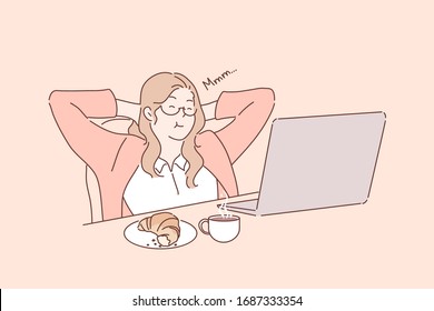 Lunch break, work rest, freelance, business concept. Young businesswoman or girl freelancer drinks coffee and croissant near laptop on workplace. Office unch break. Rest at work. Simple flat vector.